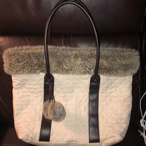 Quilted fur sweater tote bag purse bath body works 18” x 14” x 4.5”